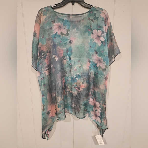 Coynes Womens Floral Scarf Poncho Top Shawl One Size Colorful Green Sheer - Picture 5 of 5